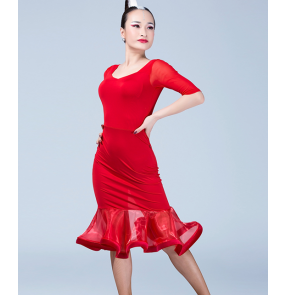Black red round neck middles long sleeves women's ladies female competition performance salsa cha cha latin dance dresses